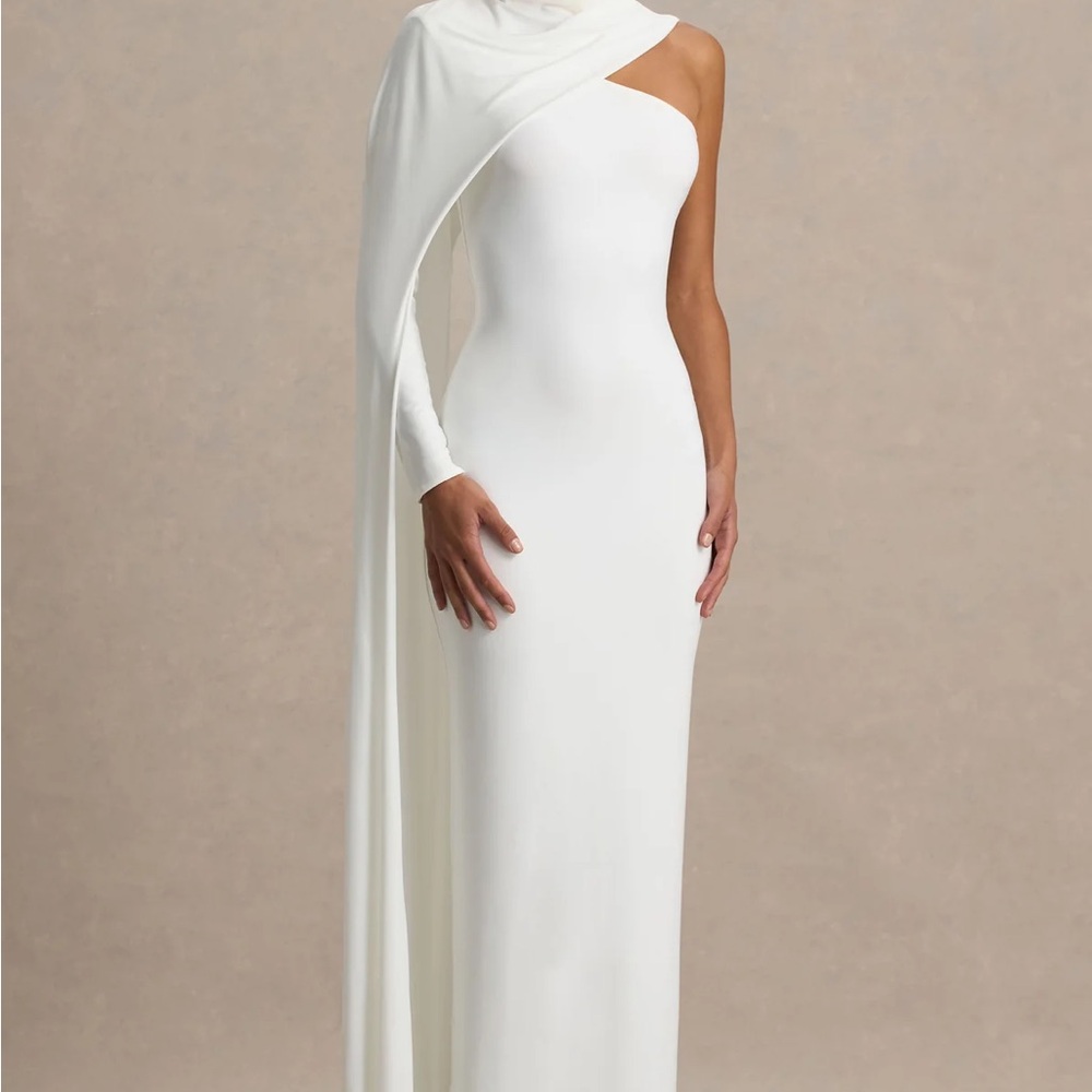 DAWN - Cream High-Neck Maxi Dress With One Long Cape-Sleeve